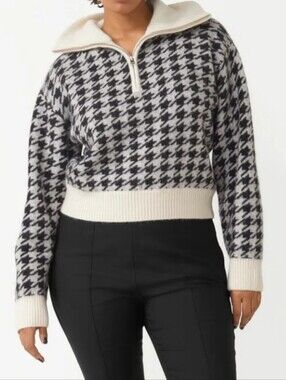 & OTHER STORIES Houndstooth Sweater M Alpaca Blend Half Zip Black Cream